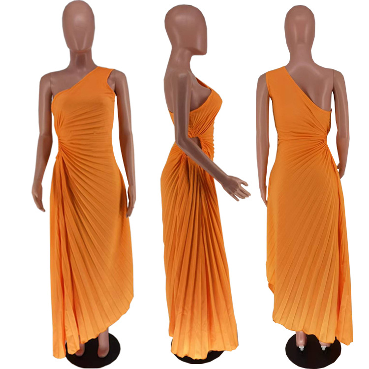CMYAYA Women One Shoulder Sleeveless Roll Waist Pleated Ruched A-line Dress Sexy Party Prom Evening Maxi Dresses Orange Vestidos CMYAYA Women One Shoulder Sleeveless Roll Waist Pleated Ruched A-line Dress Sexy Party Prom Evening Maxi Dresses Orange Vestidos