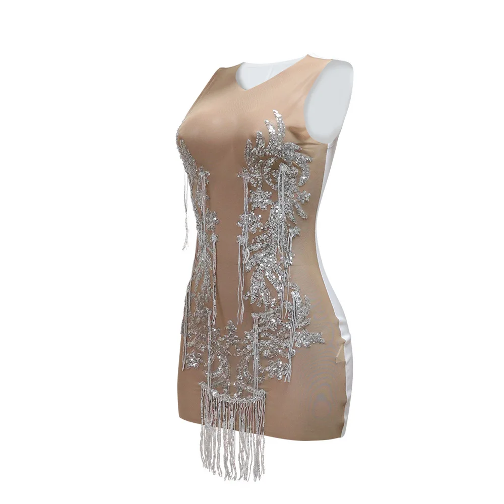 CM.YAYA Women O-neck Sequined Tassel Mini Dress Sleeveless Mesh See Through Sexy Pencil Dresses Sexy Fashion Vestidos Summer