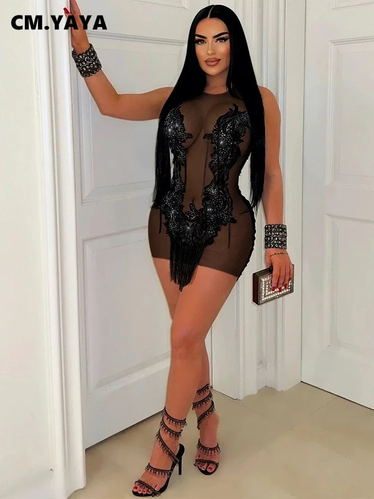 CM.YAYA Women O-neck Sequined Tassel Mini Dress Sleeveless Mesh See Through Sexy Pencil Dresses Sexy Fashion Vestidos Summer CM.YAYA Women O-neck Sequined Tassel Mini Dress Sleeveless Mesh See Through Sexy Pencil Dresses Sexy Fashion Vestidos Summer