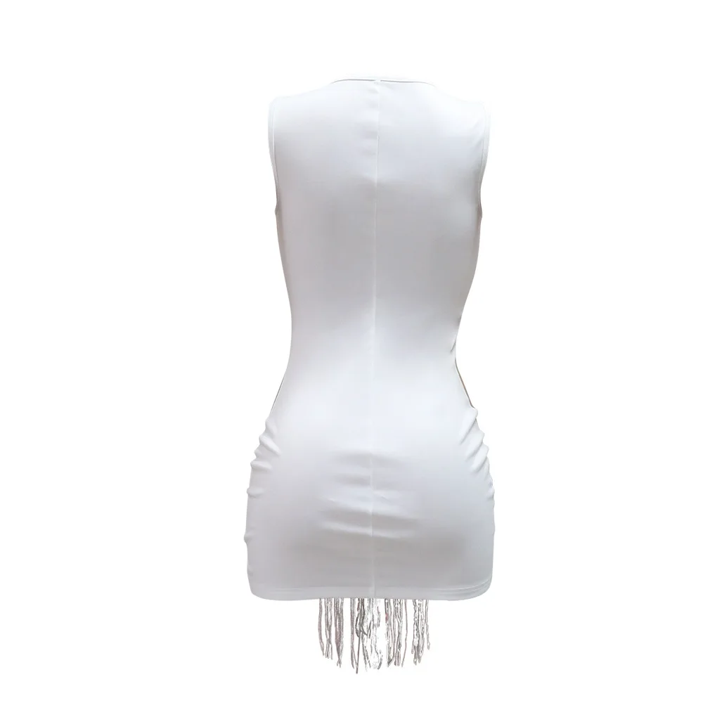 CM.YAYA Women O-neck Sequined Tassel Mini Dress Sleeveless Mesh See Through Sexy Pencil Dresses Sexy Fashion Vestidos Summer