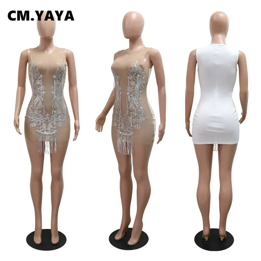 CM.YAYA Women O-neck Sequined Tassel Mini Dress Sleeveless Mesh See Through Sexy Pencil Dresses Sexy Fashion Vestidos Summer CM.YAYA Women O-neck Sequined Tassel Mini Dress Sleeveless Mesh See Through Sexy Pencil Dresses Sexy Fashion Vestidos Summer