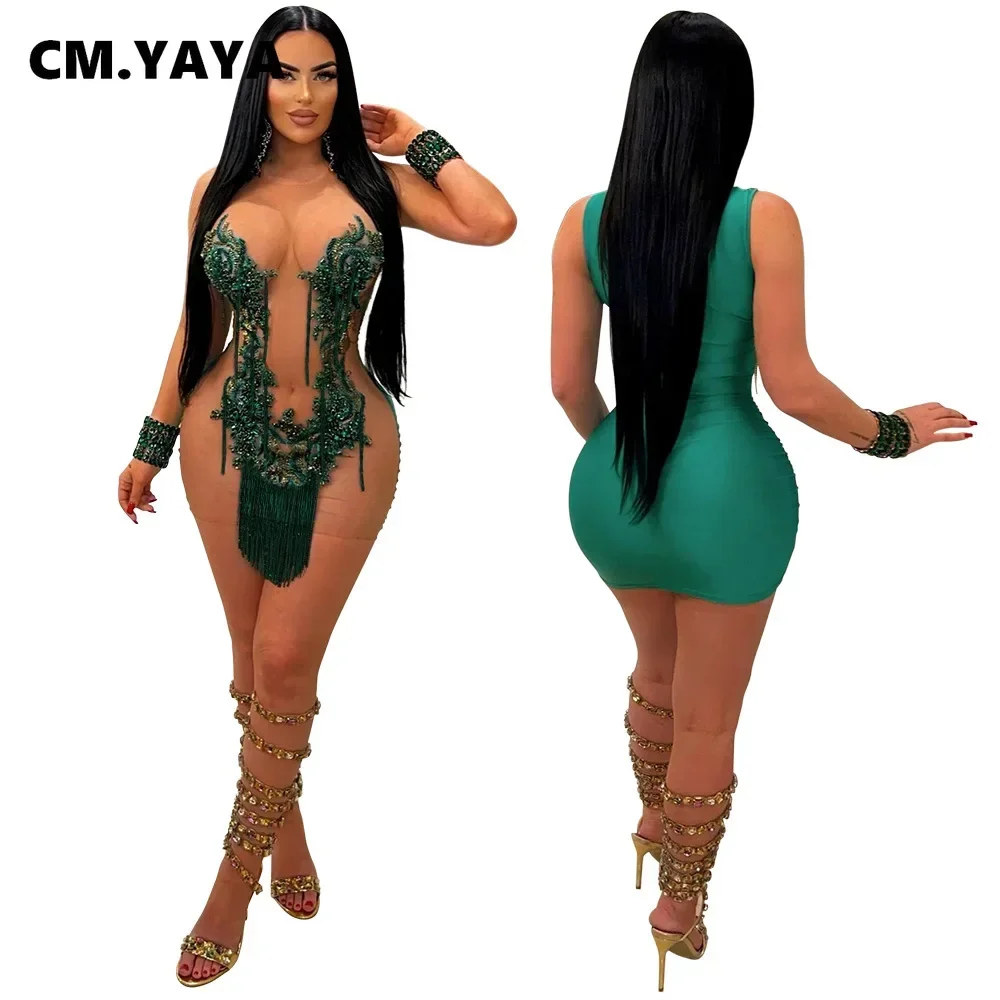 CM.YAYA Women O-neck Sequined Tassel Mini Dress Sleeveless Mesh See Through Sexy Pencil Dresses Sexy Fashion Vestidos Summer CM.YAYA Women O-neck Sequined Tassel Mini Dress Sleeveless Mesh See Through Sexy Pencil Dresses Sexy Fashion Vestidos Summer