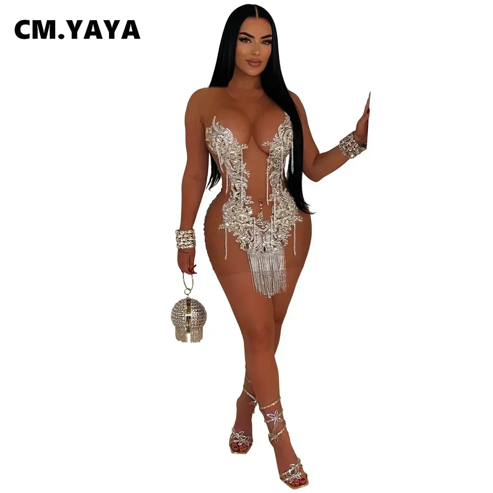 CM.YAYA Women O-neck Sequined Tassel Mini Dress Sleeveless Mesh See Through Sexy Pencil Dresses Sexy Fashion Vestidos Summer CM.YAYA Women O-neck Sequined Tassel Mini Dress Sleeveless Mesh See Through Sexy Pencil Dresses Sexy Fashion Vestidos Summer