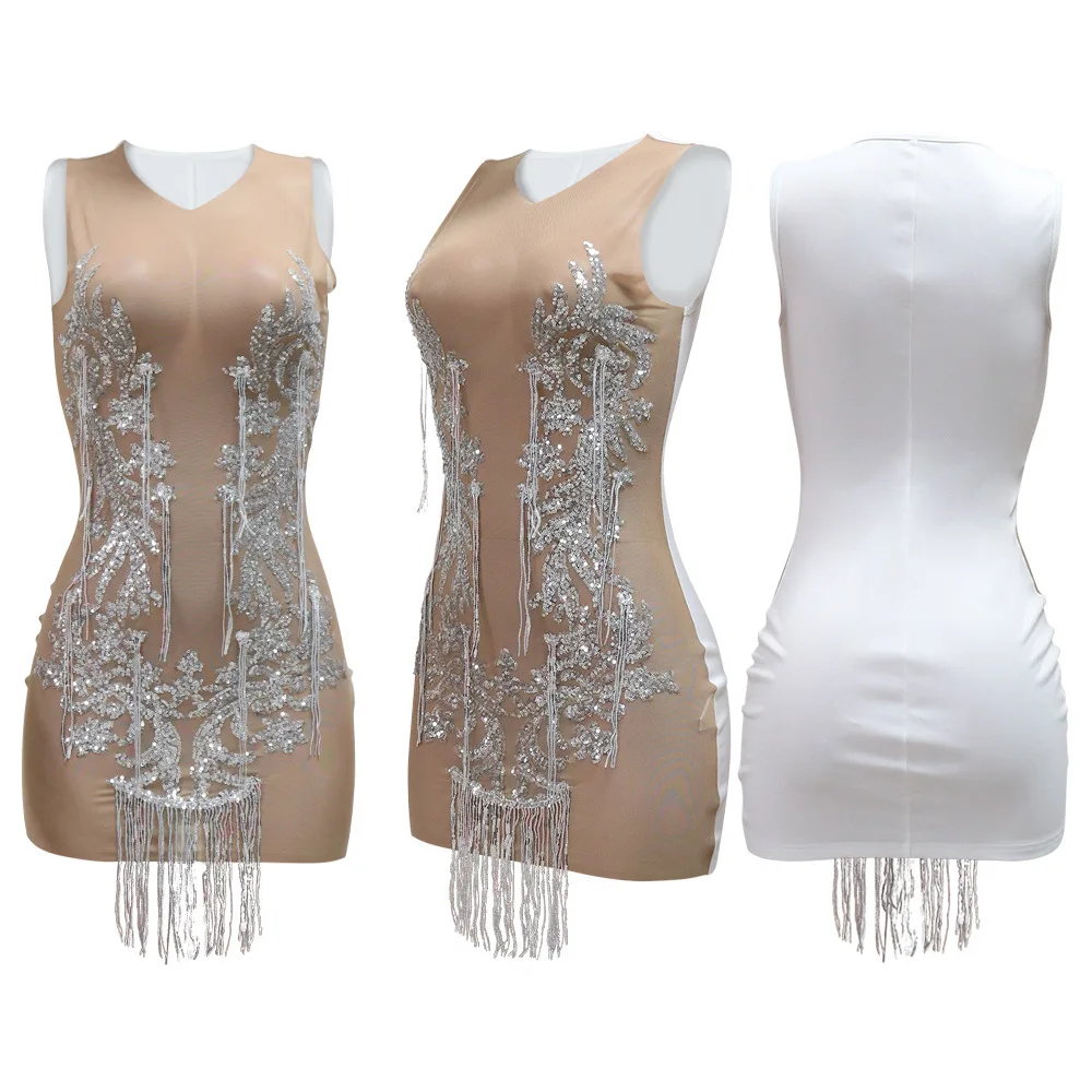 CM.YAYA Women O-neck Sequined Tassel Mini Dress Sleeveless Mesh See Through Sexy Pencil Dresses Sexy Fashion Vestidos Summer
