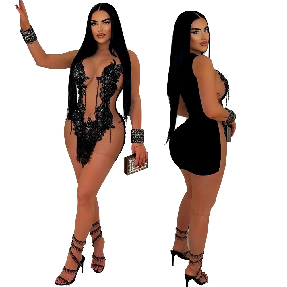 CM.YAYA Women O-neck Sequined Tassel Mini Dress Sleeveless Mesh See Through Sexy Pencil Dresses Sexy Fashion Vestidos Summer