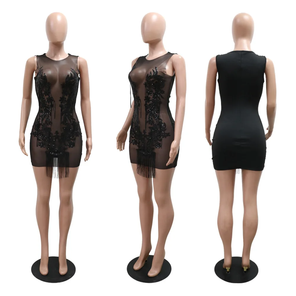 CM.YAYA Women O-neck Sequined Tassel Mini Dress Sleeveless Mesh See Through Sexy Pencil Dresses Sexy Fashion Vestidos Summer CM.YAYA Women O-neck Sequined Tassel Mini Dress Sleeveless Mesh See Through Sexy Pencil Dresses Sexy Fashion Vestidos Summer