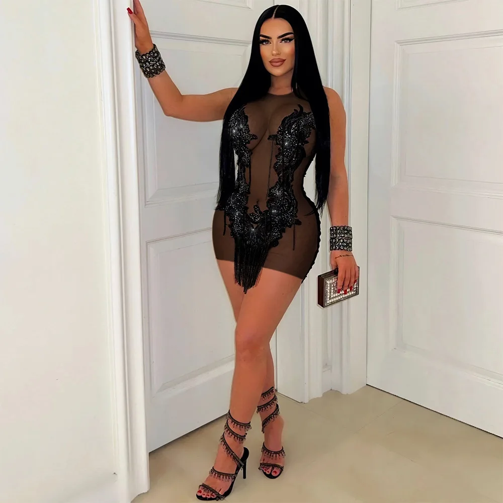CM.YAYA Women O-neck Sequined Tassel Mini Dress Sleeveless Mesh See Through Sexy Pencil Dresses Sexy Fashion Vestidos Summer