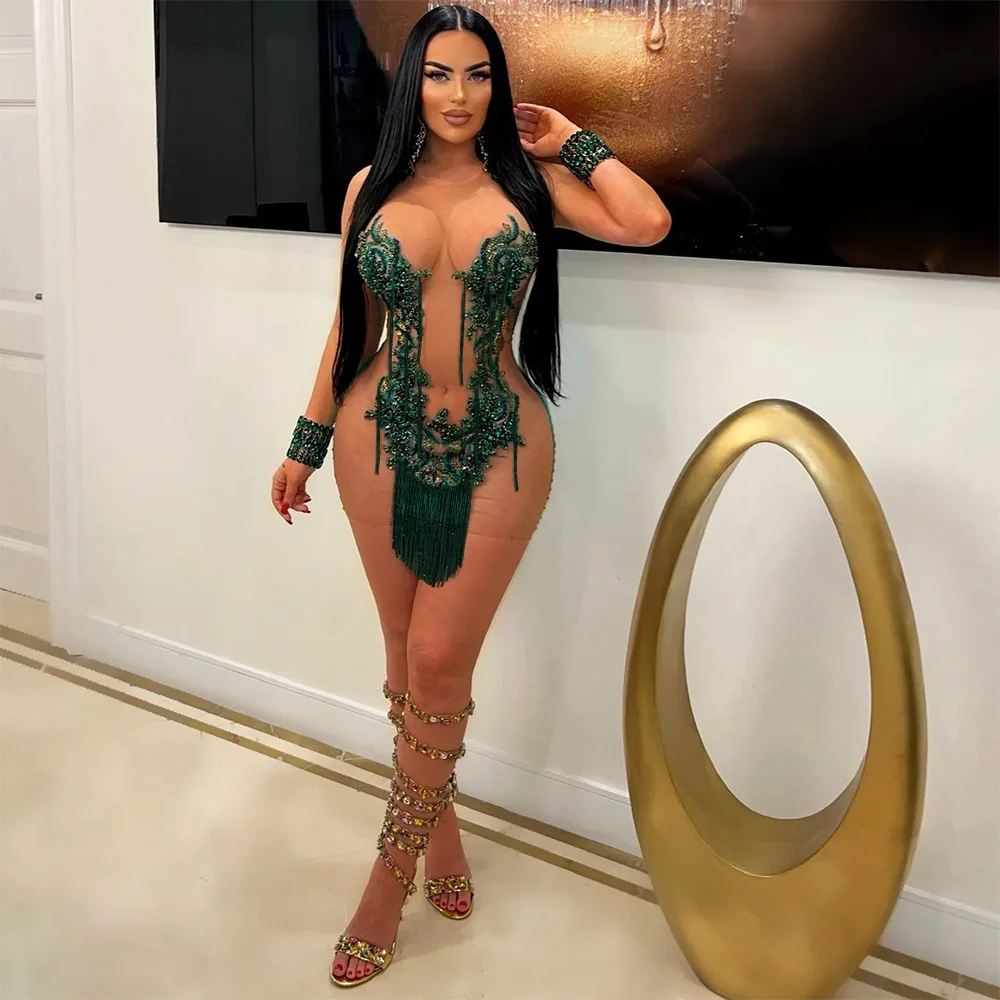 CM.YAYA Women O-neck Sequined Tassel Mini Dress Sleeveless Mesh See Through Sexy Pencil Dresses Sexy Fashion Vestidos Summer