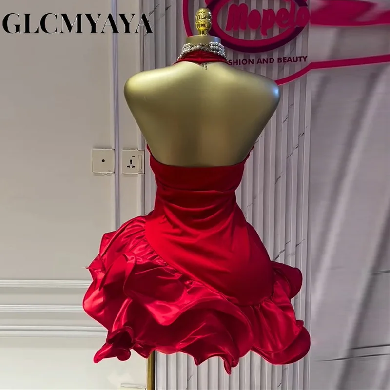 GLCMYAYA Women Sleevelss Halter V-neck Ruffles Ball Gown Smock A-line Mini Midi Dress 2025 Summer Vacation Holiday Party Dresses