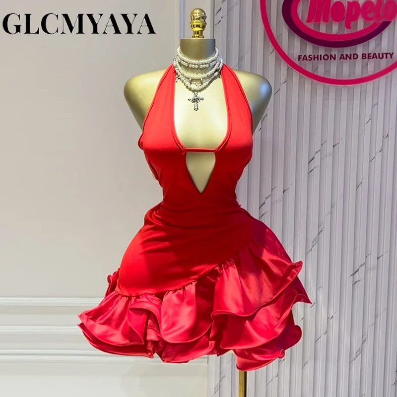 GLCMYAYA Women Sleevelss Halter V-neck Ruffles Ball Gown Smock A-line Mini Midi Dress 2025 Summer Vacation Holiday Party Dresses