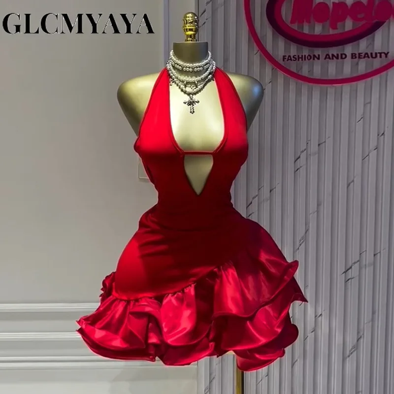 GLCMYAYA Women Sleevelss Halter V-neck Ruffles Ball Gown Smock A-line Mini Midi Dress 2025 Summer Vacation Holiday Party Dresses