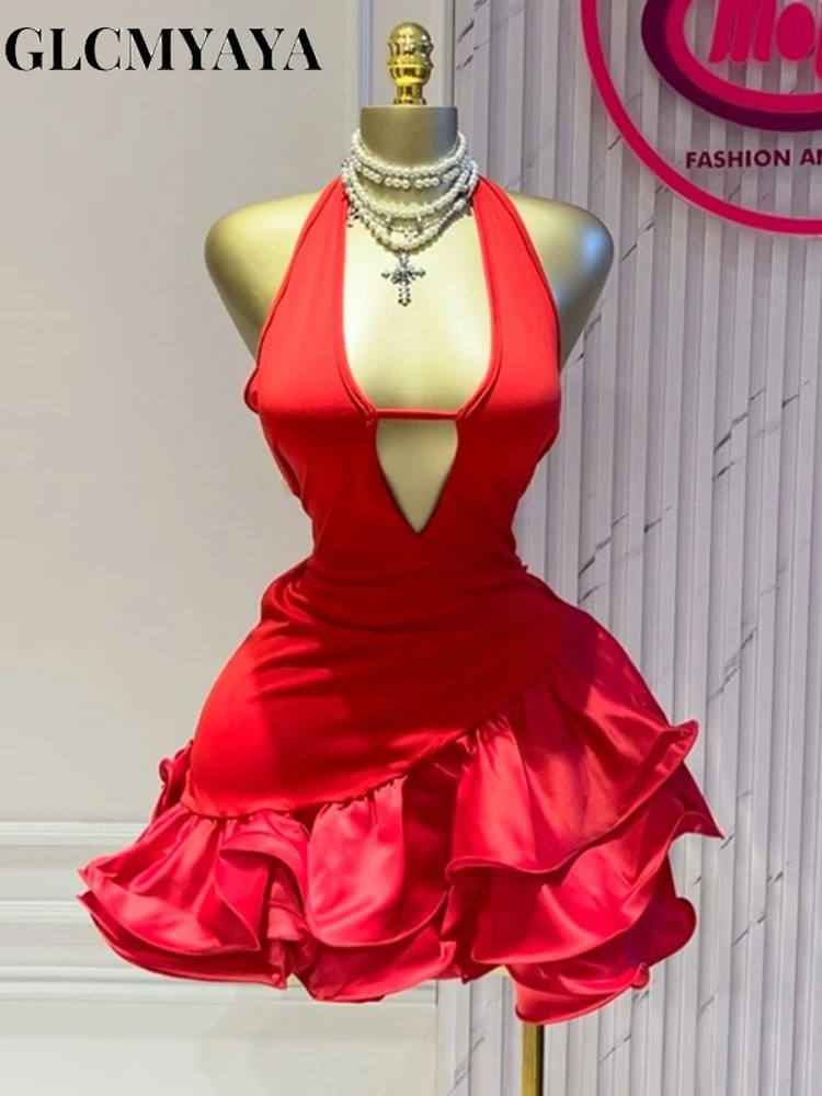 GLCMYAYA Women Sleevelss Halter V-neck Ruffles Ball Gown Smock A-line Mini Midi Dress 2025 Summer Vacation Holiday Party Dresses