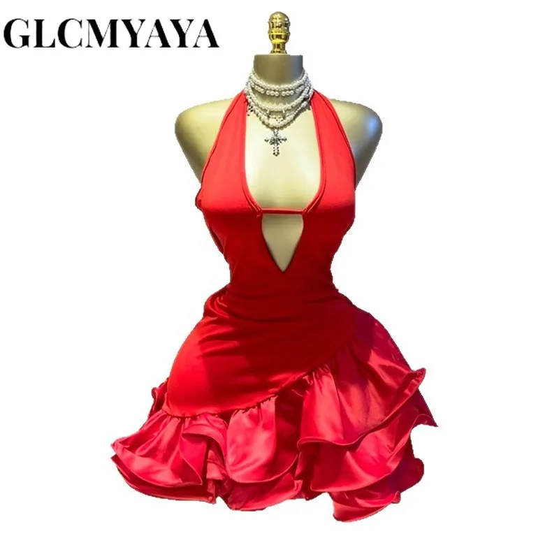 GLCMYAYA Women Sleevelss Halter V-neck Ruffles Ball Gown Smock A-line Mini Midi Dress 2025 Summer Vacation Holiday Party Dresses