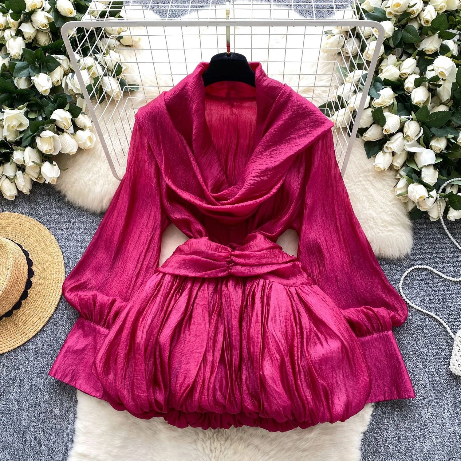 CM.YAYA Women Scarf Collar Smock Lantern Long Sleeve Mini Dress 2026 Street Party Education Holiday Dresses Vestidos