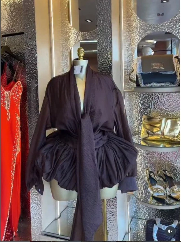 CM.YAYA Women Scarf Collar Smock Lantern Long Sleeve Mini Dress 2026 Street Party Education Holiday Dresses Vestidos