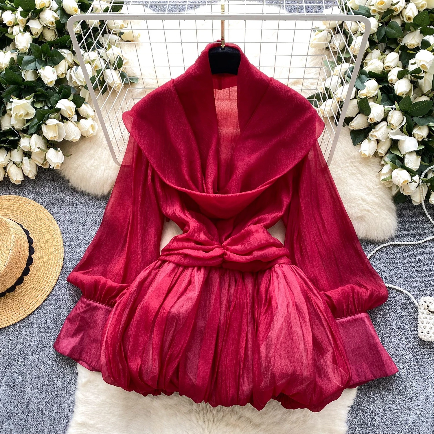 CM.YAYA Women Scarf Collar Smock Lantern Long Sleeve Mini Dress 2026 Street Party Education Holiday Dresses Vestidos