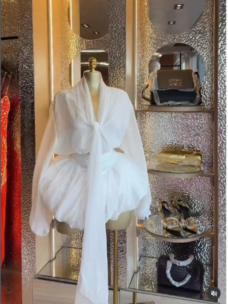 CM.YAYA Women Scarf Collar Smock Lantern Long Sleeve Mini Dress 2026 Street Party Education Holiday Dresses Vestidos