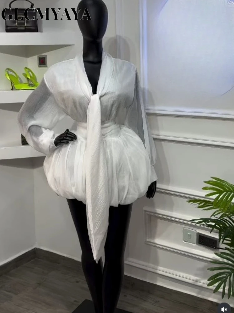 CM.YAYA Women Scarf Collar Smock Lantern Long Sleeve Mini Dress 2026 Street Party Education Holiday Dresses Vestidos