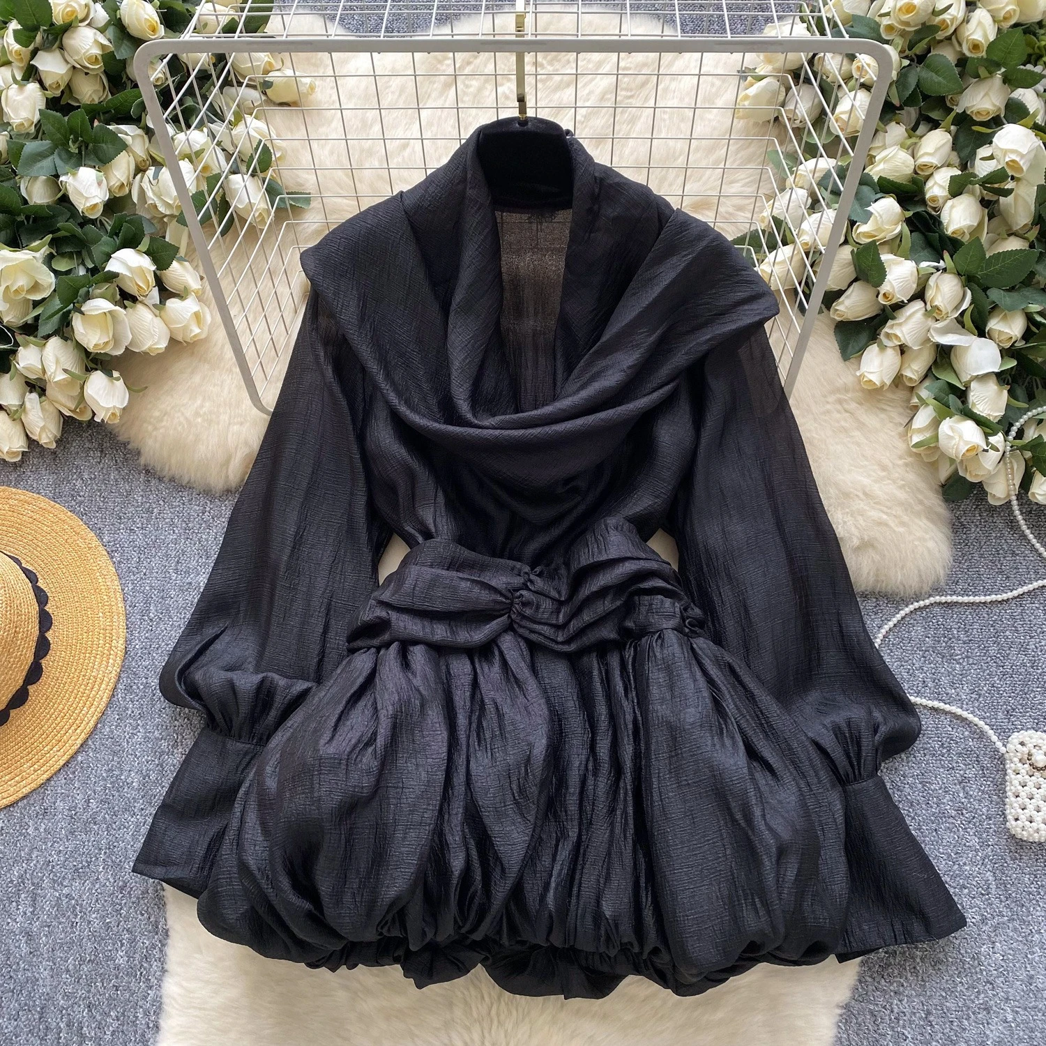 CM.YAYA Women Scarf Collar Smock Lantern Long Sleeve Mini Dress 2026 Street Party Education Holiday Dresses Vestidos