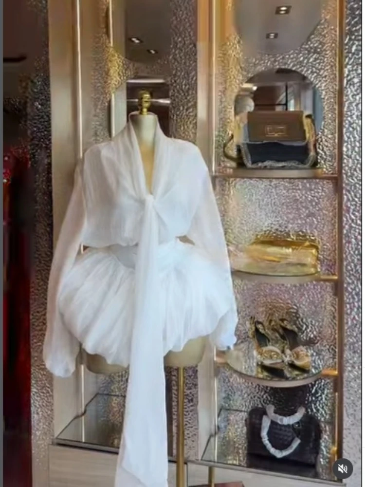 CM.YAYA Women Scarf Collar Smock Lantern Long Sleeve Mini Dress 2026 Street Party Education Holiday Dresses Vestidos