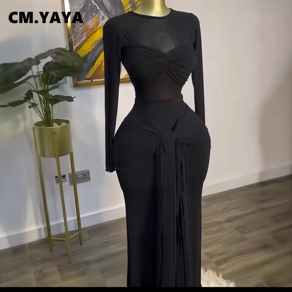 CM.YAYA Women Mesh See Though Long Sleeve Maxi Bowknot Long Dress 2026 Birthday Vacation Sexy Club Party Evening Street Dresses