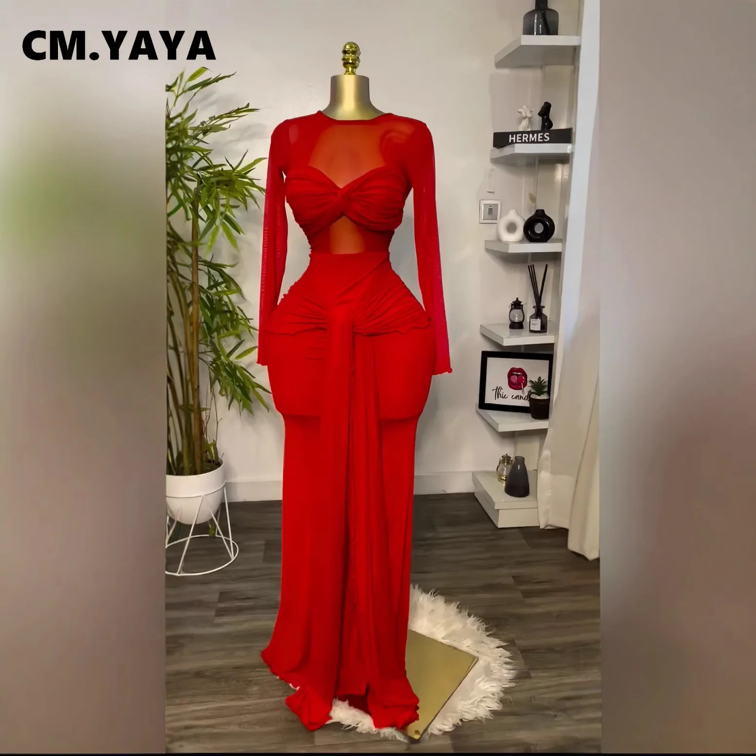 CM.YAYA Women Mesh See Though Long Sleeve Maxi Bowknot Long Dress 2026 Birthday Vacation Sexy Club Party Evening Street Dresses