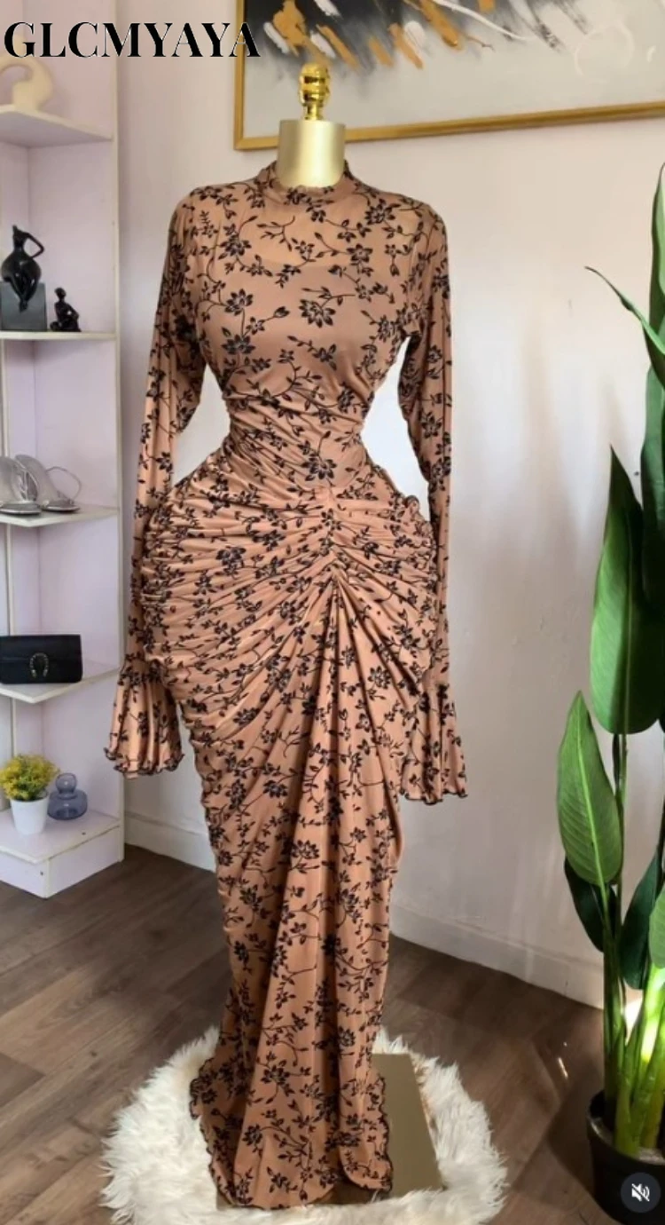 CM.YAYA Women Floral Flare Long Sleeve Stacked Ruched Maxi Bodycon Midi Dress 2026 Parties Vacation Education Dresses Vestidos