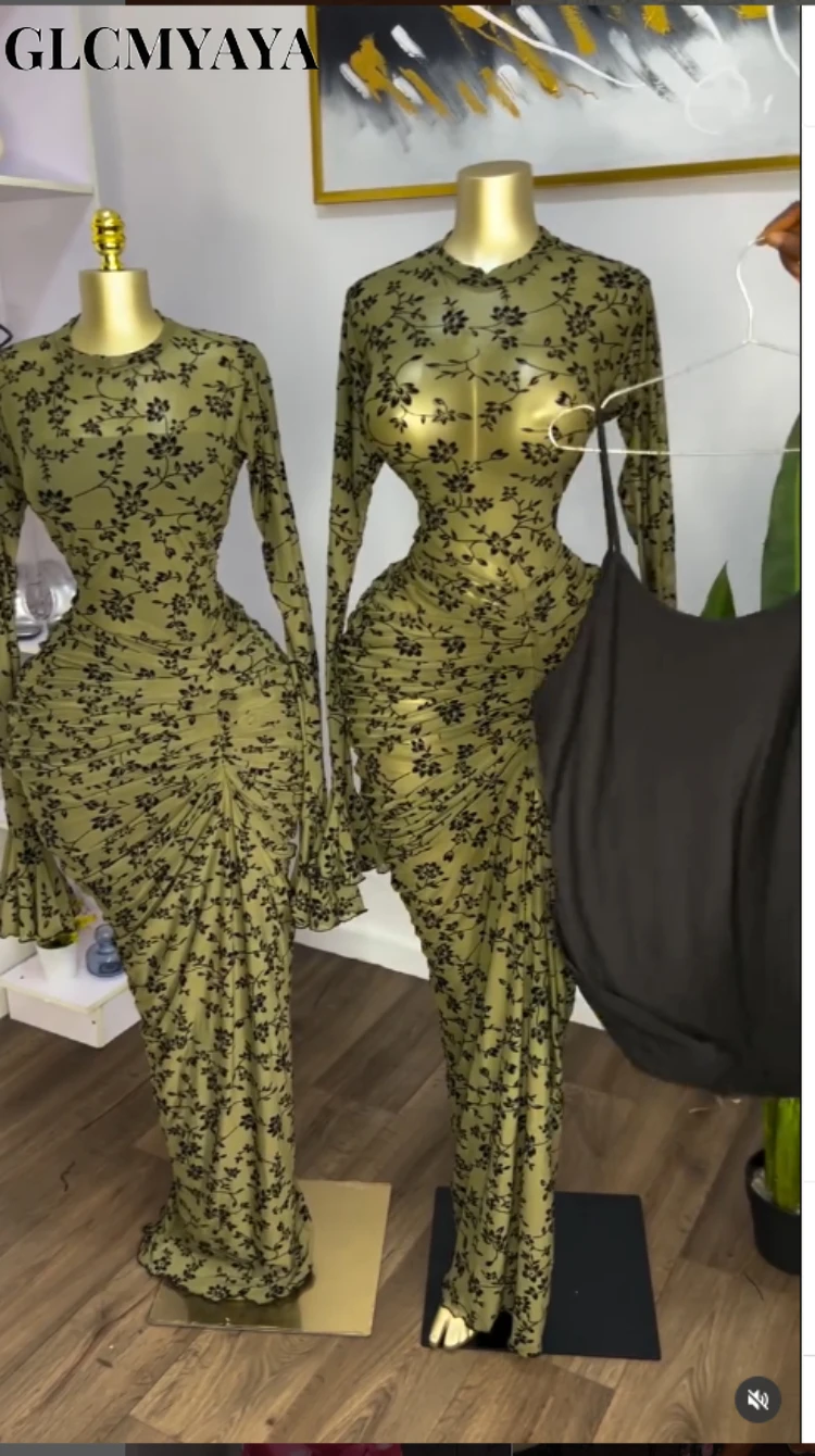 CM.YAYA Women Floral Flare Long Sleeve Stacked Ruched Maxi Bodycon Midi Dress 2026 Parties Vacation Education Dresses Vestidos