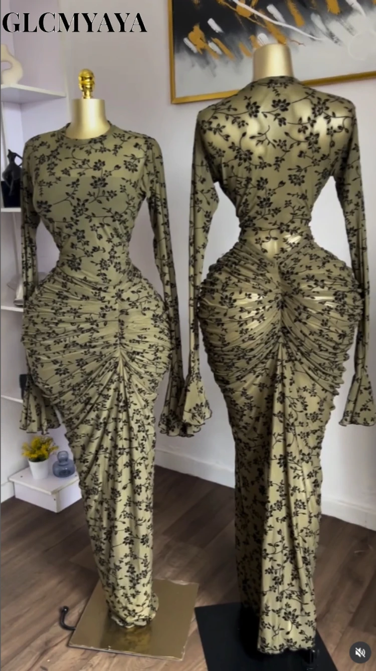 CM.YAYA Women Floral Flare Long Sleeve Stacked Ruched Maxi Bodycon Midi Dress 2026 Parties Vacation Education Dresses Vestidos