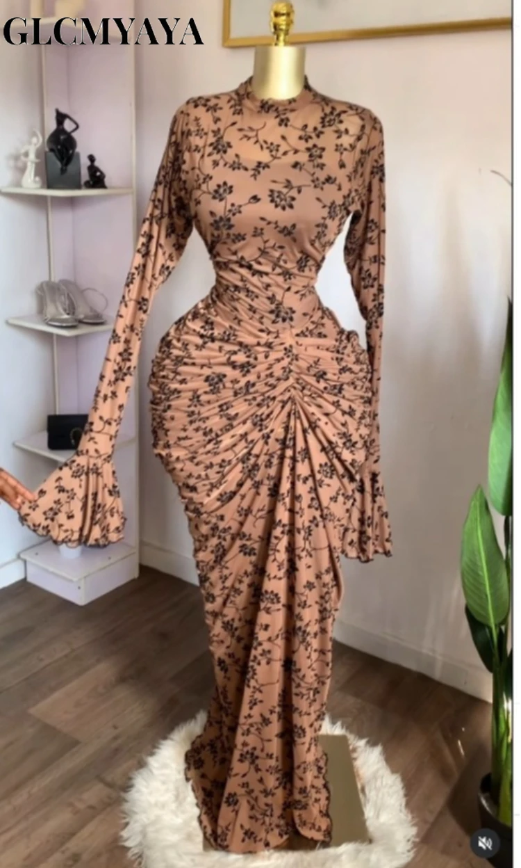 CM.YAYA Women Floral Flare Long Sleeve Stacked Ruched Maxi Bodycon Midi Dress 2026 Parties Vacation Education Dresses Vestidos