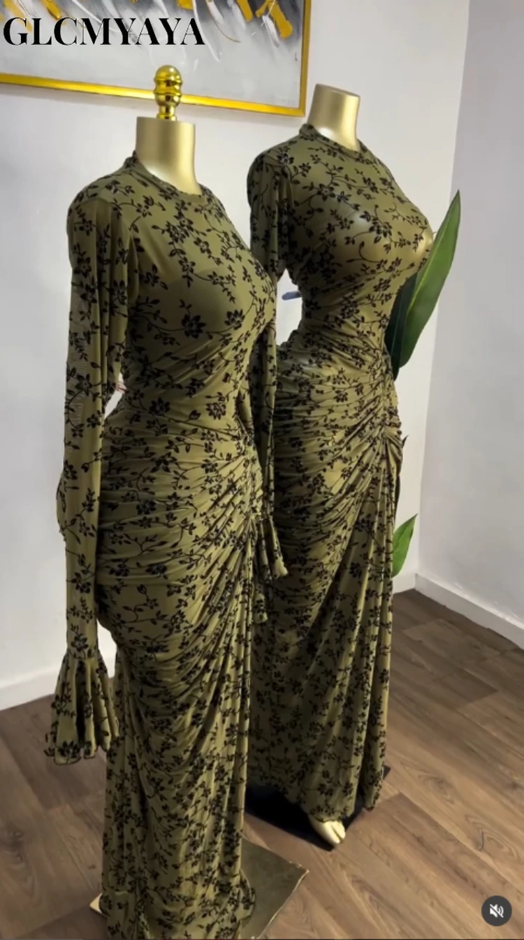 CM.YAYA Women Floral Flare Long Sleeve Stacked Ruched Maxi Bodycon Midi Dress 2026 Parties Vacation Education Dresses Vestidos