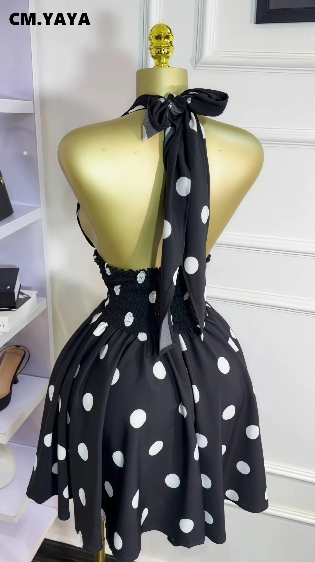 CM.YAYA Women Dot Printed Sleeveless Halter V-neck Big Swing A-line Mini Dress 2025 Summer Vacation Sexy Party Evening Dresses CM.YAYA Women Dot Printed Sleeveless Halter V-neck Big Swing A-line Mini Dress 2025 Summer Vacation Sexy Party Evening Dresses