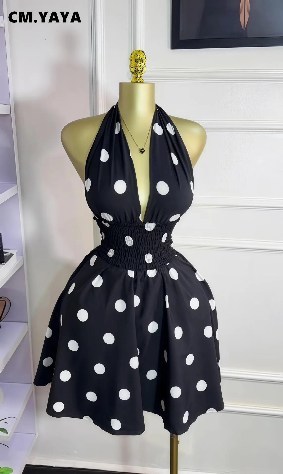 CM.YAYA Women Dot Printed Sleeveless Halter V-neck Big Swing A-line Mini Dress 2025 Summer Vacation Sexy Party Evening Dresses CM.YAYA Women Dot Printed Sleeveless Halter V-neck Big Swing A-line Mini Dress 2025 Summer Vacation Sexy Party Evening Dresses