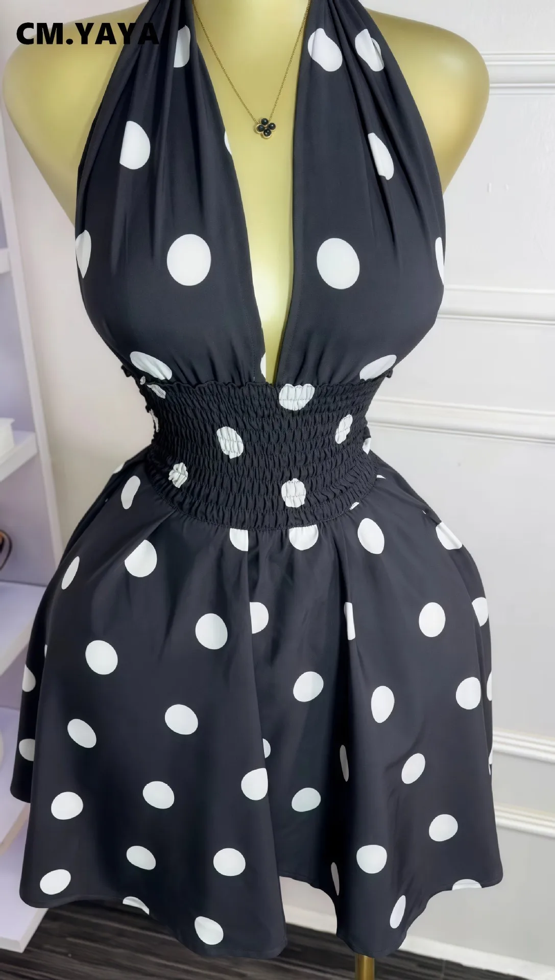 CM.YAYA Women Dot Printed Sleeveless Halter V-neck Big Swing A-line Mini Dress 2025 Summer Vacation Sexy Party Evening Dresses