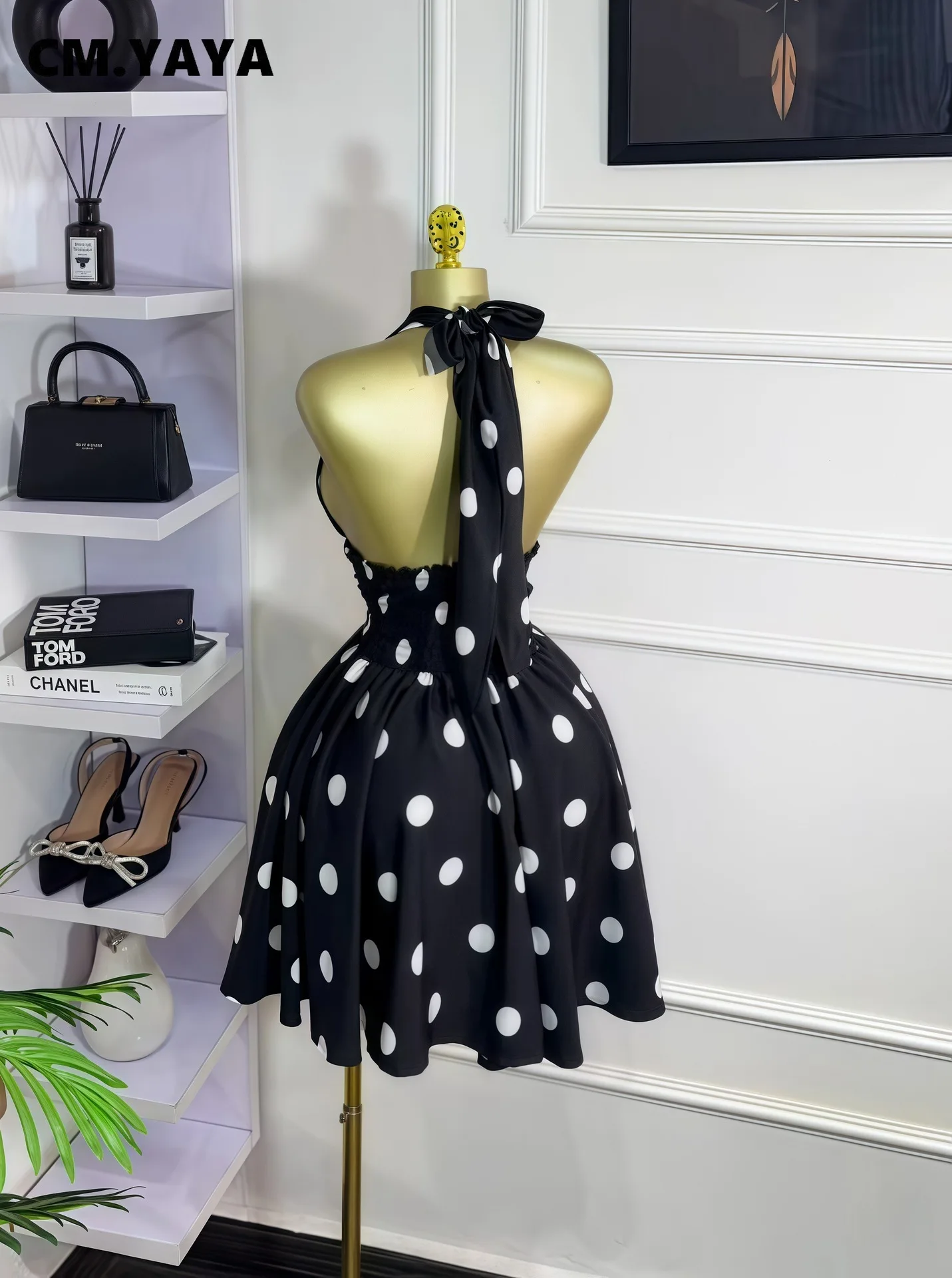 CM.YAYA Women Dot Printed Sleeveless Halter V-neck Big Swing A-line Mini Dress 2025 Summer Vacation Sexy Party Evening Dresses CM.YAYA Women Dot Printed Sleeveless Halter V-neck Big Swing A-line Mini Dress 2025 Summer Vacation Sexy Party Evening Dresses
