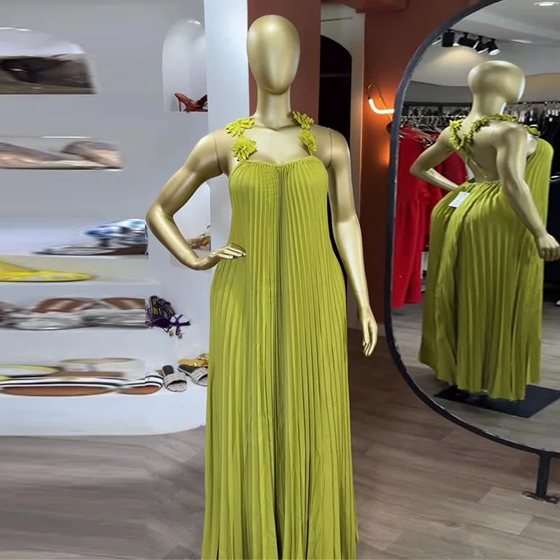 CM.YAYA Women's Floral Applique Spaghetti Strap Pleated Maxi Formal Dress 2026 Education Party Cocktail Night Out Beach Dresses