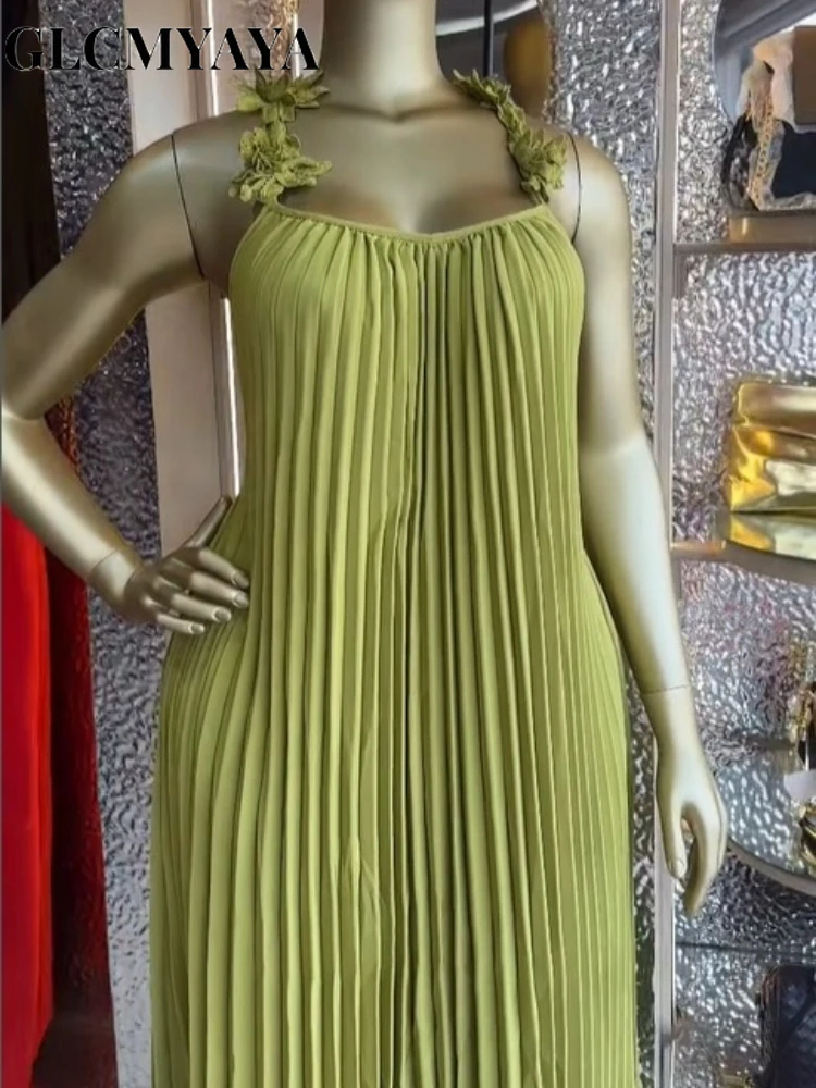 CM.YAYA Women's Floral Applique Spaghetti Strap Pleated Maxi Formal Dress 2026 Education Party Cocktail Night Out Beach Dresses