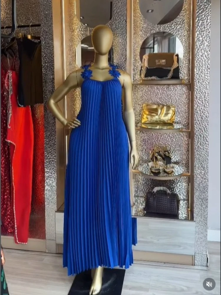 CM.YAYA Women's Floral Applique Spaghetti Strap Pleated Maxi Formal Dress 2026 Education Party Cocktail Night Out Beach Dresses