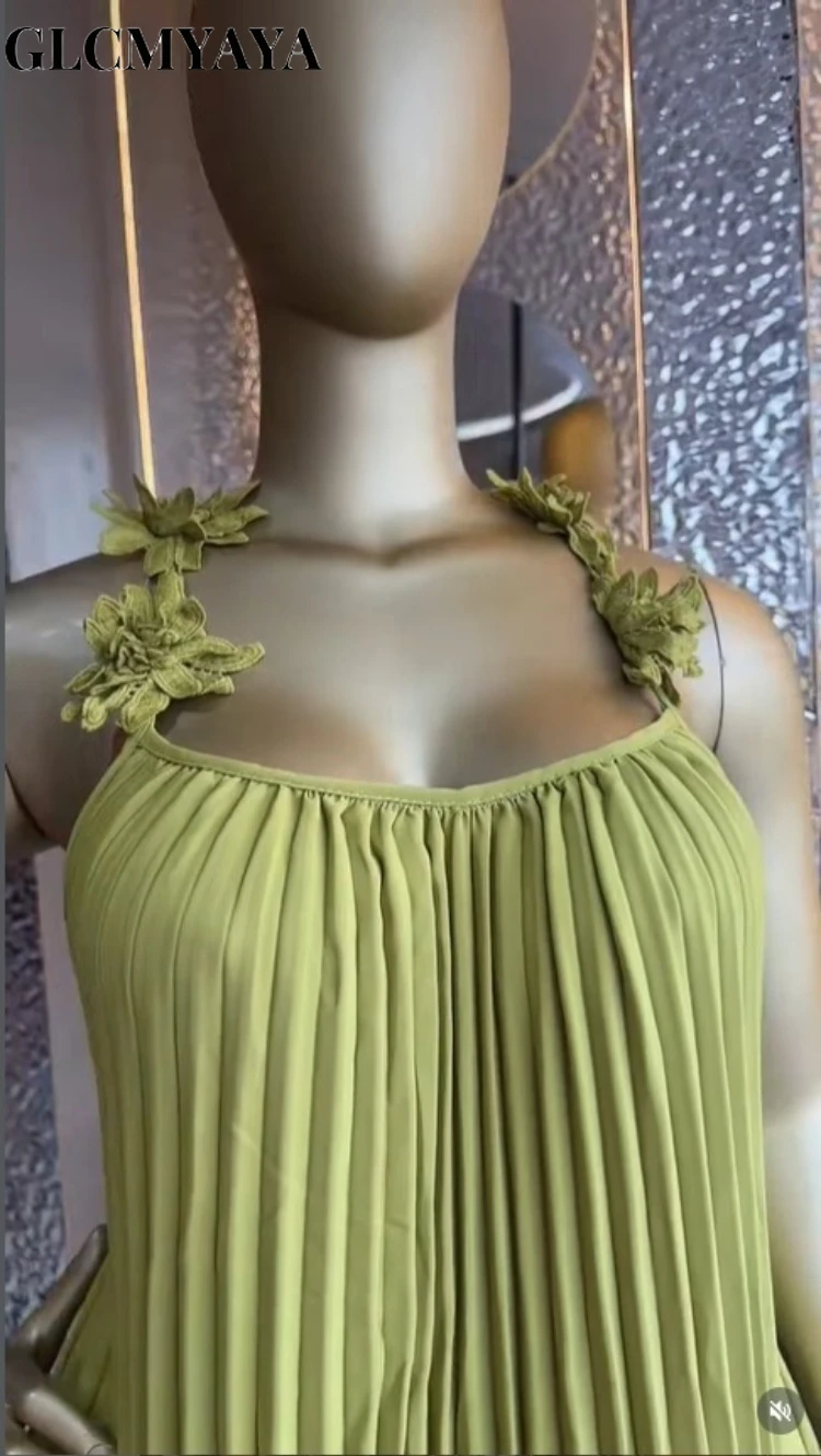 CM.YAYA Women's Floral Applique Spaghetti Strap Pleated Maxi Formal Dress 2026 Education Party Cocktail Night Out Beach Dresses