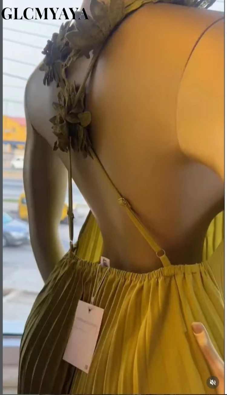 CM.YAYA Women's Floral Applique Spaghetti Strap Pleated Maxi Formal Dress 2026 Education Party Cocktail Night Out Beach Dresses