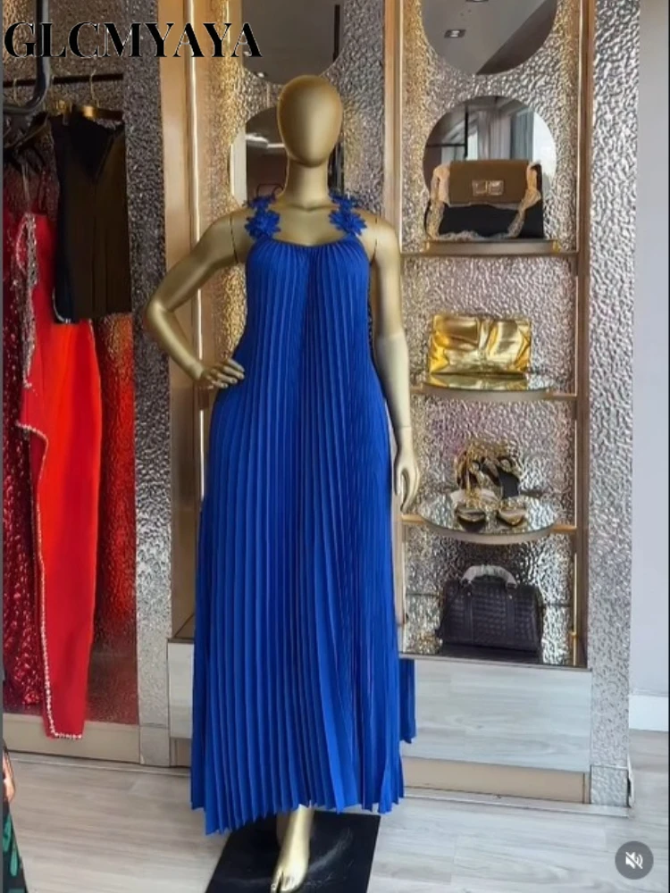 CM.YAYA Women's Floral Applique Spaghetti Strap Pleated Maxi Formal Dress 2026 Education Party Cocktail Night Out Beach Dresses