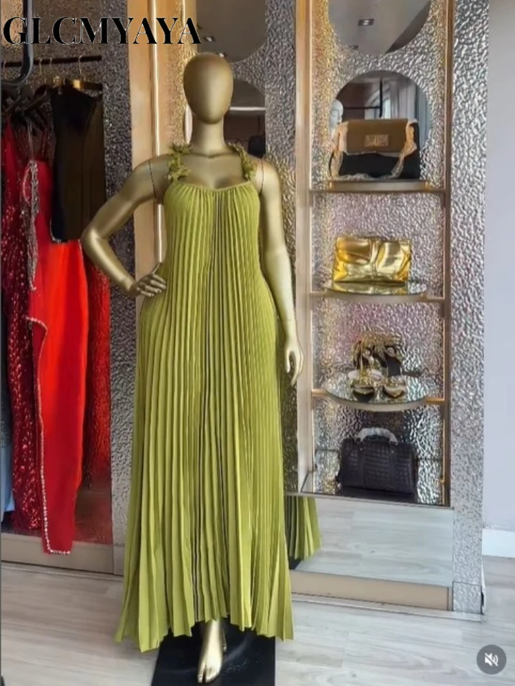 CM.YAYA Women's Floral Applique Spaghetti Strap Pleated Maxi Formal Dress 2026 Education Party Cocktail Night Out Beach Dresses