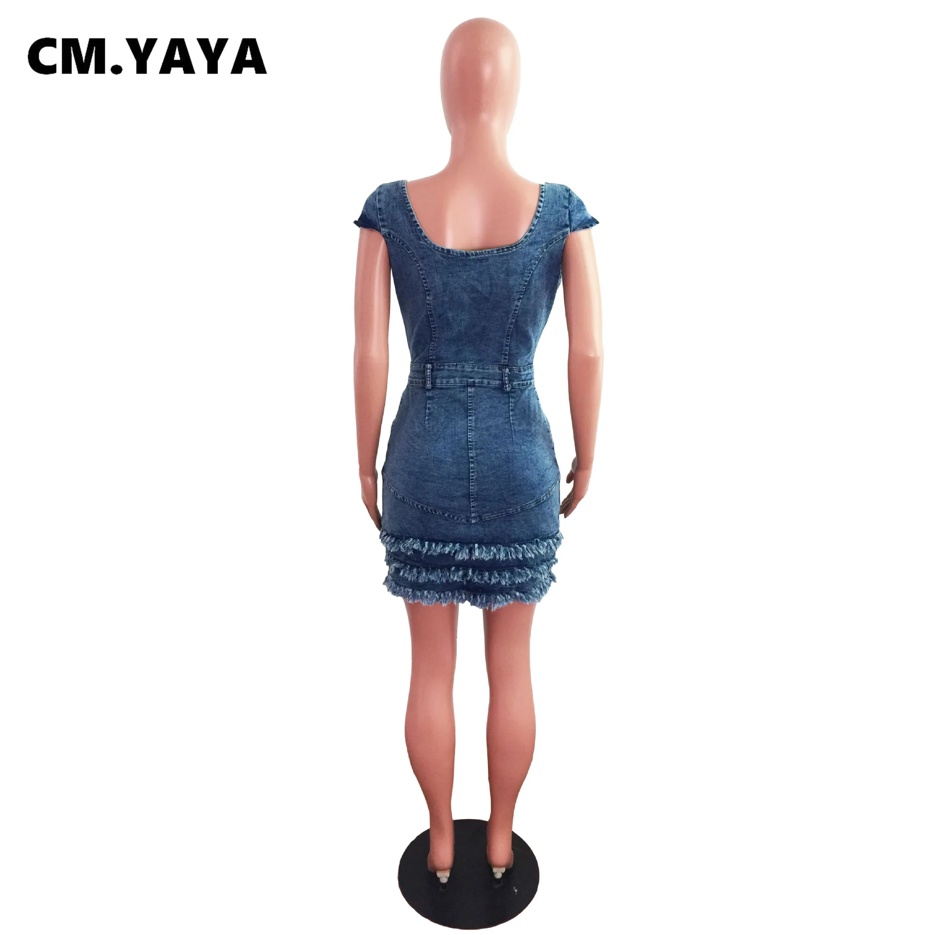 CM.YAYA Women Denim Dress Tassel Solid Short Sleeve Square Collar Single Breasted Pockets A-line Mini Dresses Sexy Outfit Summer