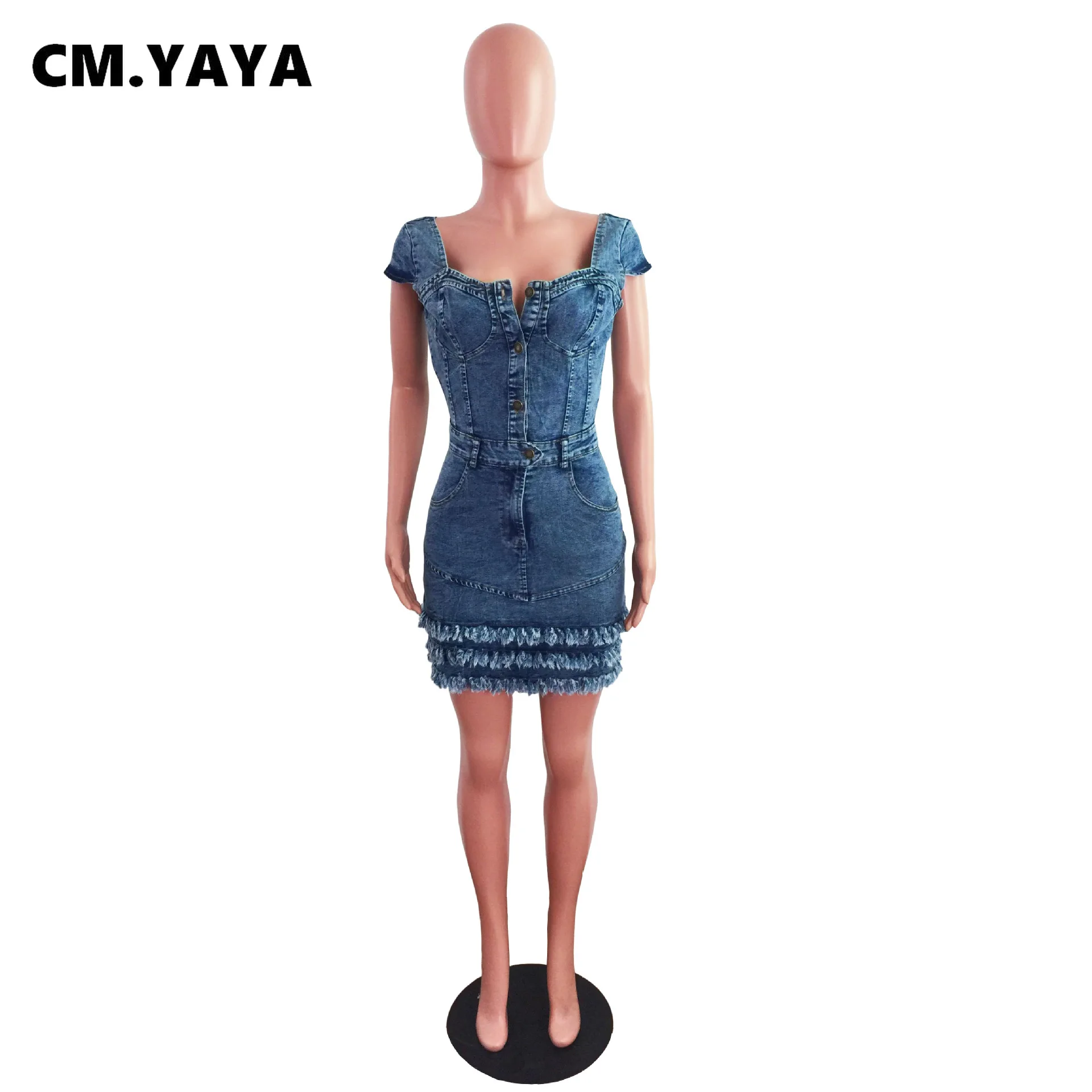 CM.YAYA Women Denim Dress Tassel Solid Short Sleeve Square Collar Single Breasted Pockets A-line Mini Dresses Sexy Outfit Summer