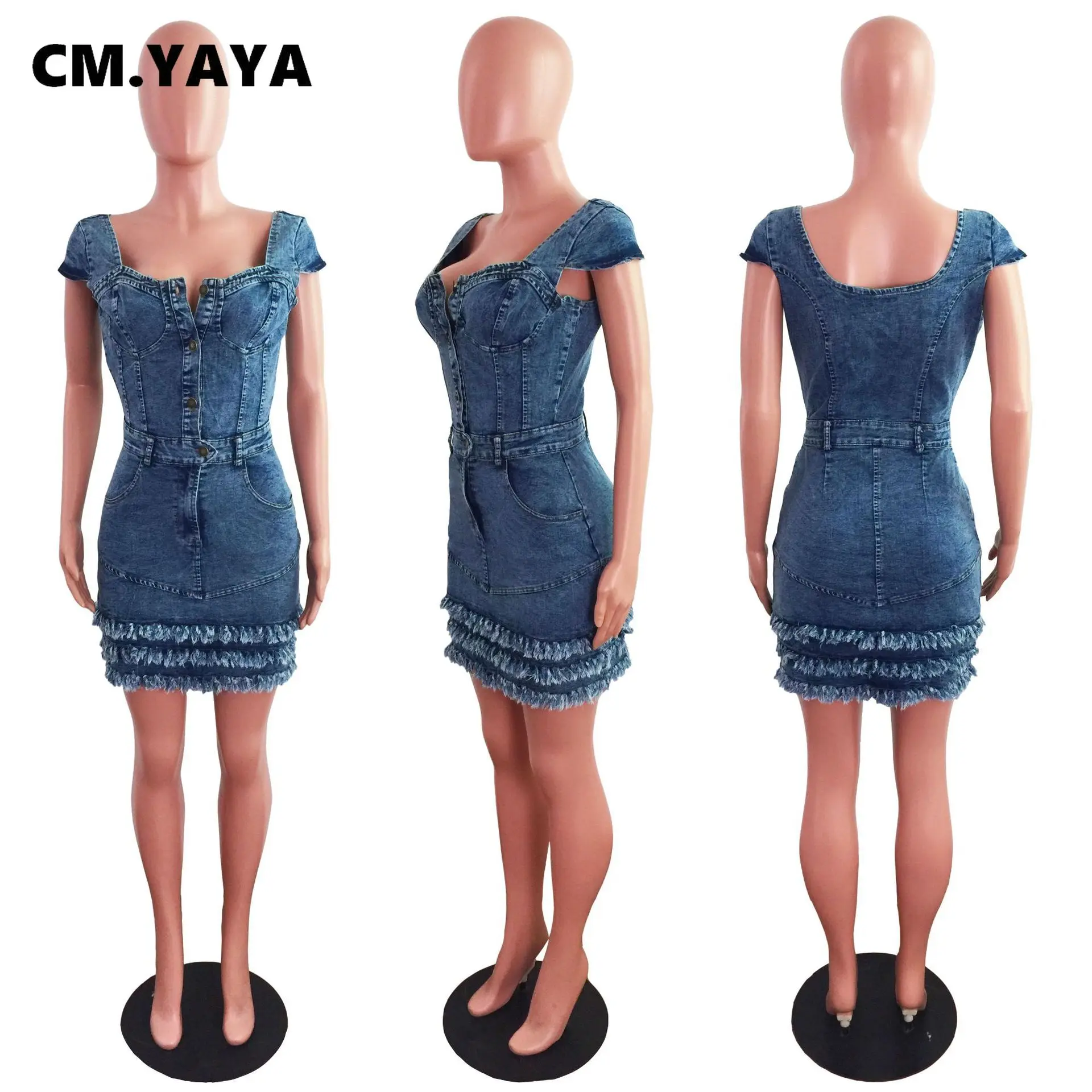 CM.YAYA Women Denim Dress Tassel Solid Short Sleeve Square Collar Single Breasted Pockets A-line Mini Dresses Sexy Outfit Summer