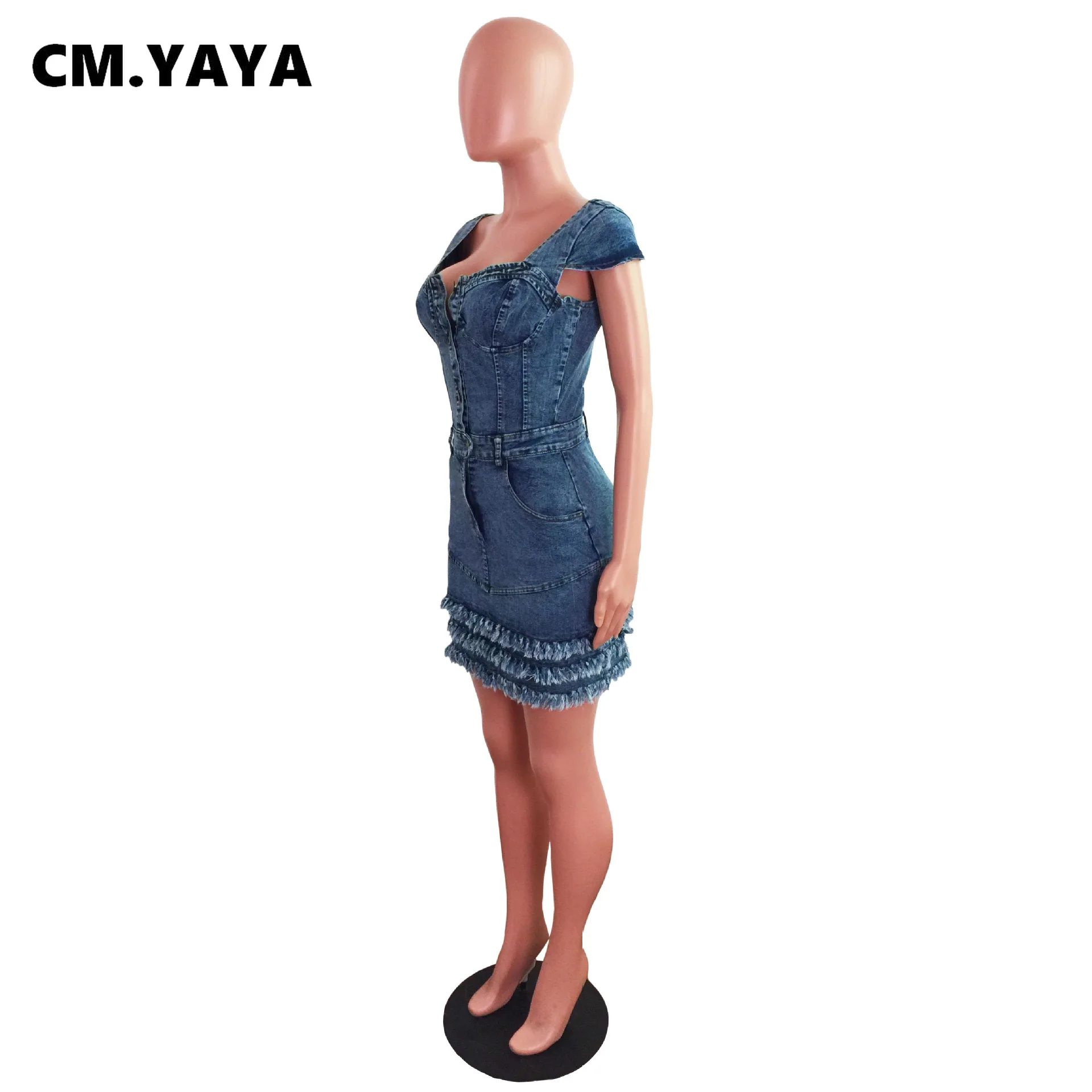 CM.YAYA Women Denim Dress Tassel Solid Short Sleeve Square Collar Single Breasted Pockets A-line Mini Dresses Sexy Outfit Summer