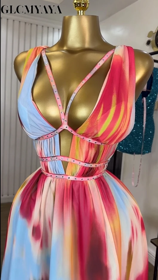 CM.YAYA Women Tie Dye Print Diamonds Hot Rhinestones Strap A-line Midi Maxi Long Dress 2025 Beach Holiday Party Birthday Dresses