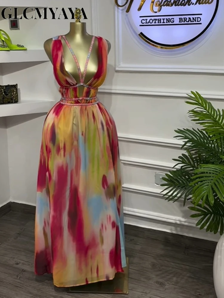 CM.YAYA Women Tie Dye Print Diamonds Hot Rhinestones Strap A-line Midi Maxi Long Dress 2025 Beach Holiday Party Birthday Dresses