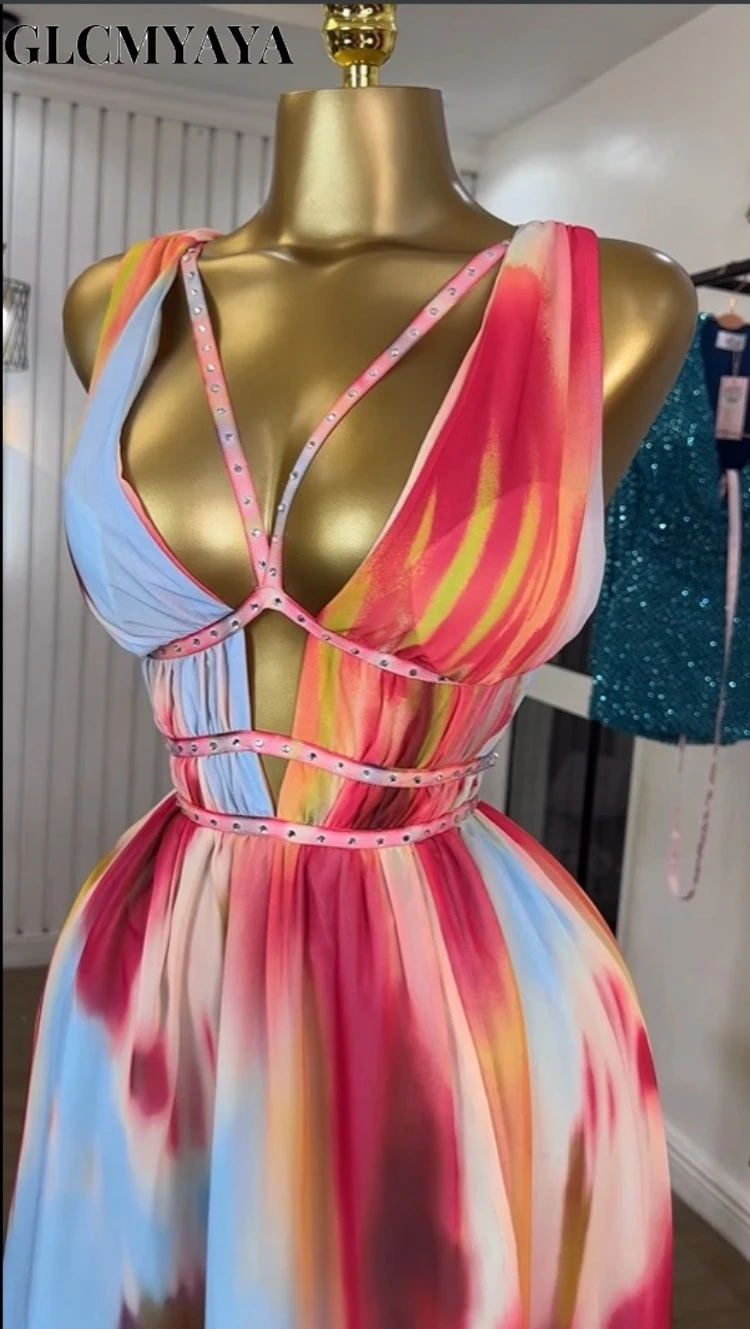 CM.YAYA Women Tie Dye Print Diamonds Hot Rhinestones Strap A-line Midi Maxi Long Dress 2025 Beach Holiday Party Birthday Dresses