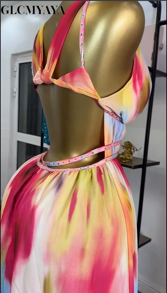 CM.YAYA Women Tie Dye Print Diamonds Hot Rhinestones Strap A-line Midi Maxi Long Dress 2025 Beach Holiday Party Birthday Dresses